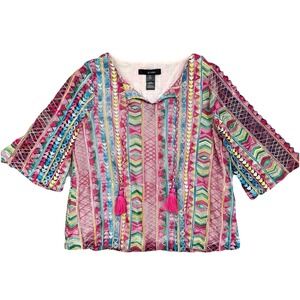 Ali Miles Embroidered Top Womens Small Petite Colorful Rainbow Travel Resortwear